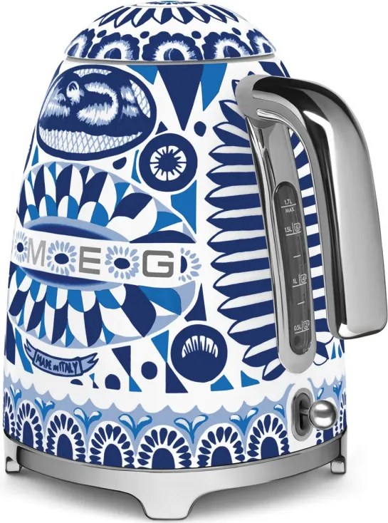 Електрическа кана SMEG Dolce & Gabbana KLF03DGBEU, 2400 W, 1.7 л, 360° основа, Гланцово покритие, Средиземноморско синьо