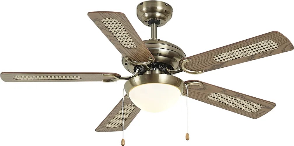 Вентилатор за таван месинг с дървесен принт и ратан 105 см с издърпващ се превключвател - Mistral Majas