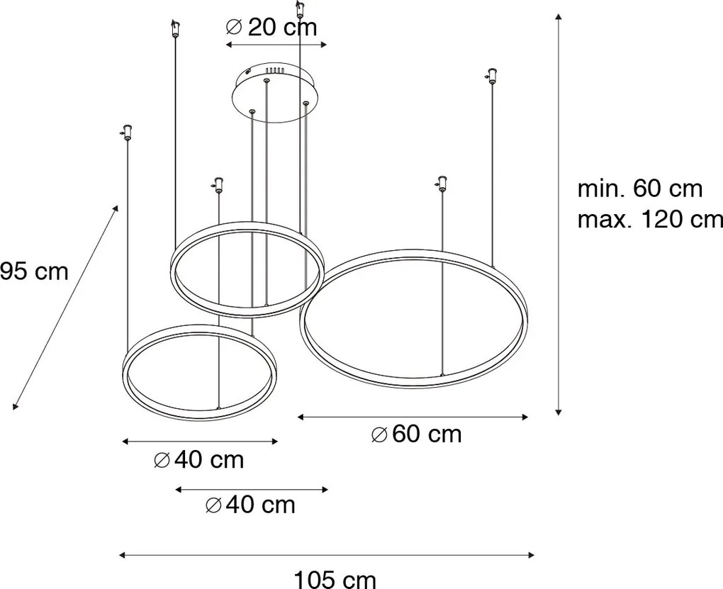 Черен висящ аплик с LED 3-степенна димируема 3-светлина - Anello