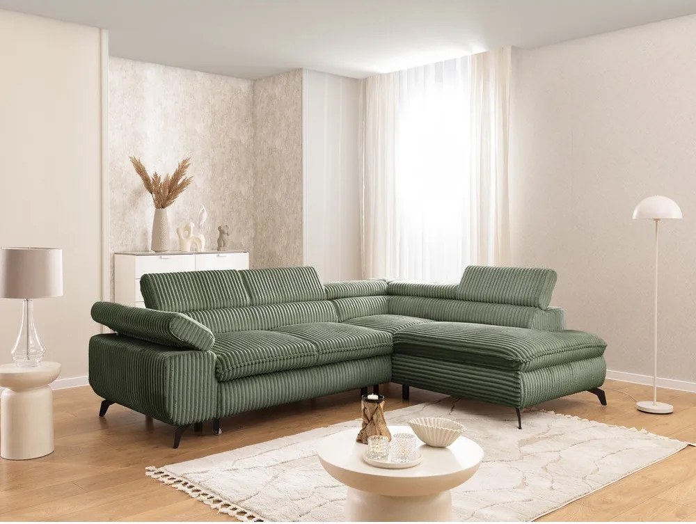 Зелен ъглов диван от рипсено кадифе (десен ъгъл L форма) Marbeya – Ropez