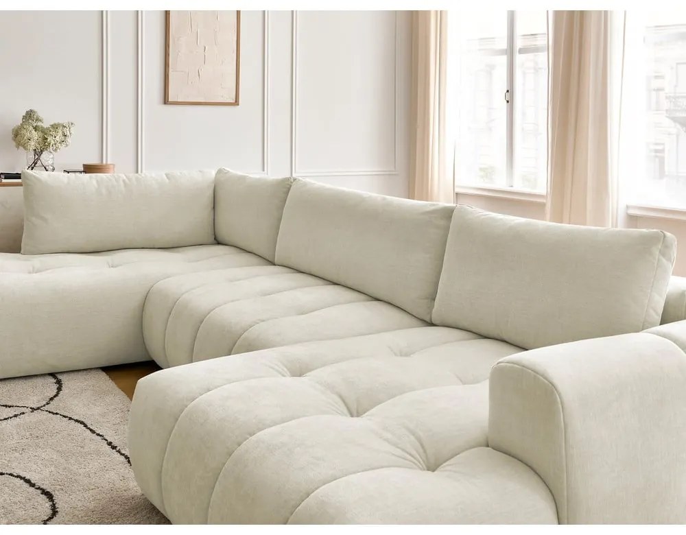 Бежов сгъваем/с място за съхранение ъглов диван (ляв ъгъл/U форма) Fuji – Bobochic Paris