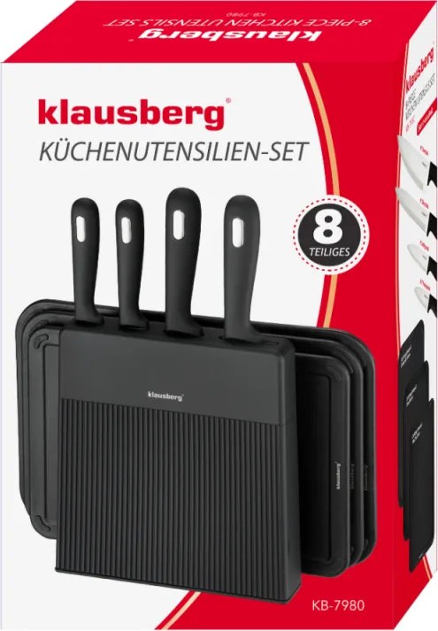 Комплект ножове и дъски за рязане Klausberg KB 7980, 8 части, Неръждаема стомана, Стойка, Черен/инокс