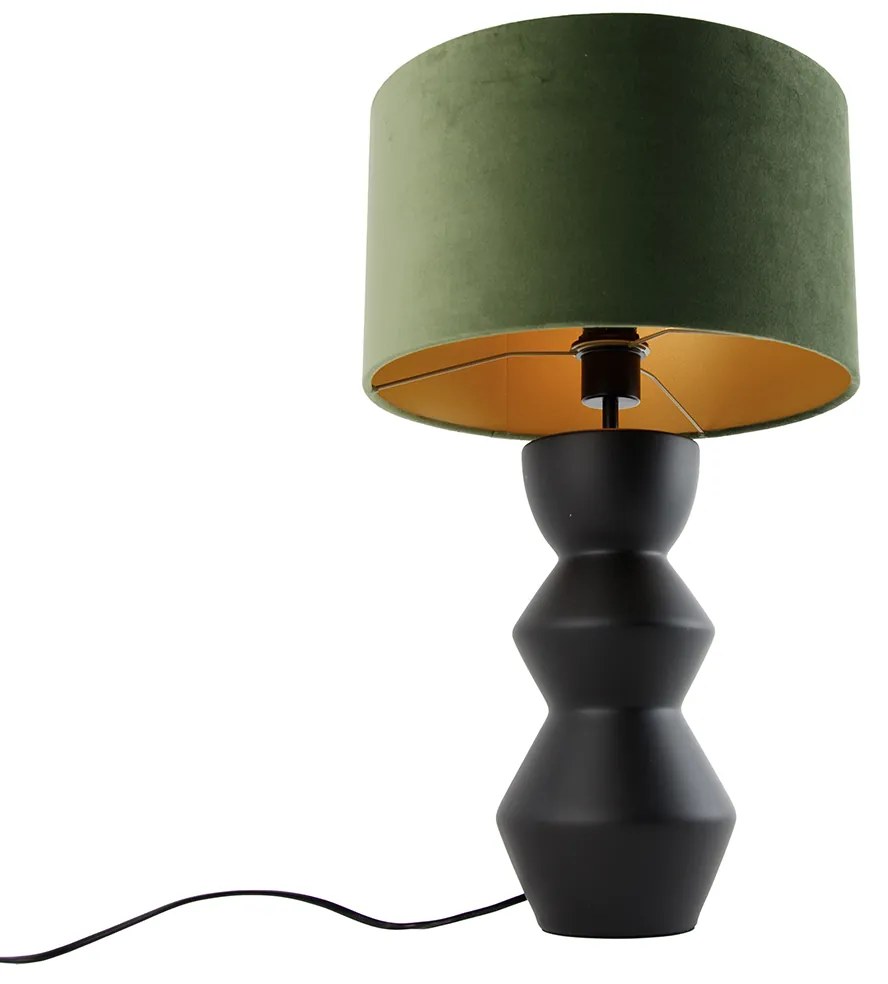 Дизайнерска настолна лампа черна кадифена абажур зелена със злато 35 см - Alisia