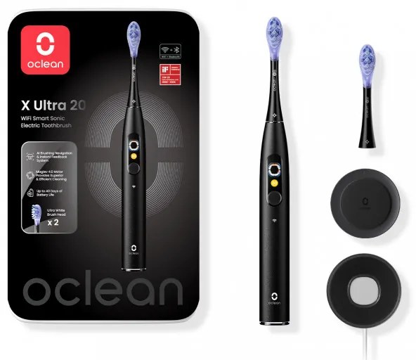 Електрическа четка за зъби Oclean X Ultra 20, AI гласов асистент, 84000 об/мин, Wi-Fi, Bluetooth, Touch screen, До 40 дни автономност, Черен