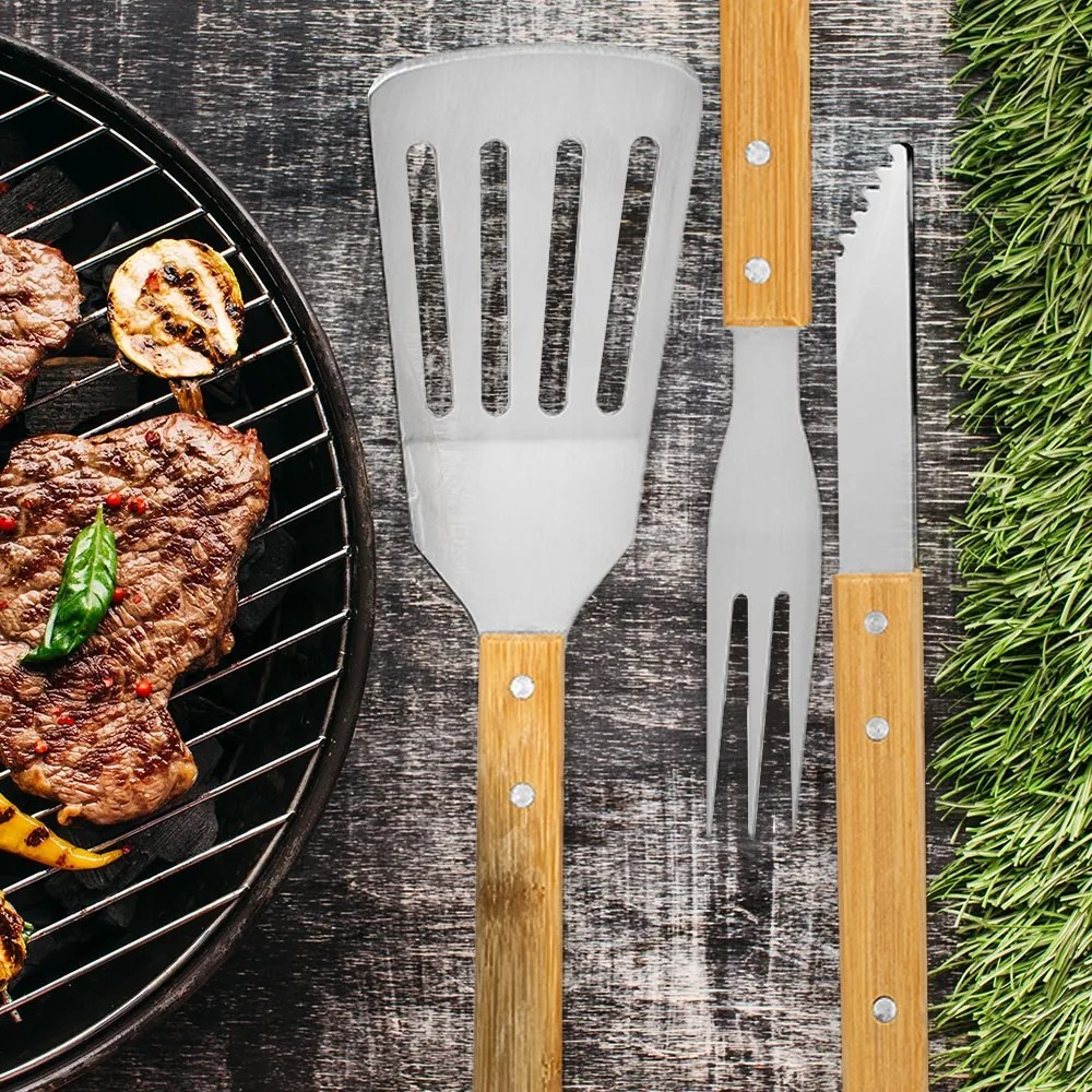 Комплект за барбекю в бамбукова кутия – щипка, вилица и шпатула