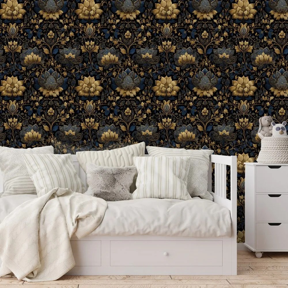 Самозалепващ фототапет – Златни цветя на тъмен фон