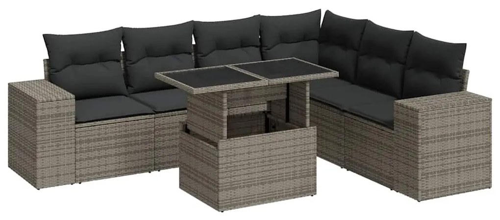 3326811 vidaXL Градински диван с възглавници, 7 части, полиратан, сив