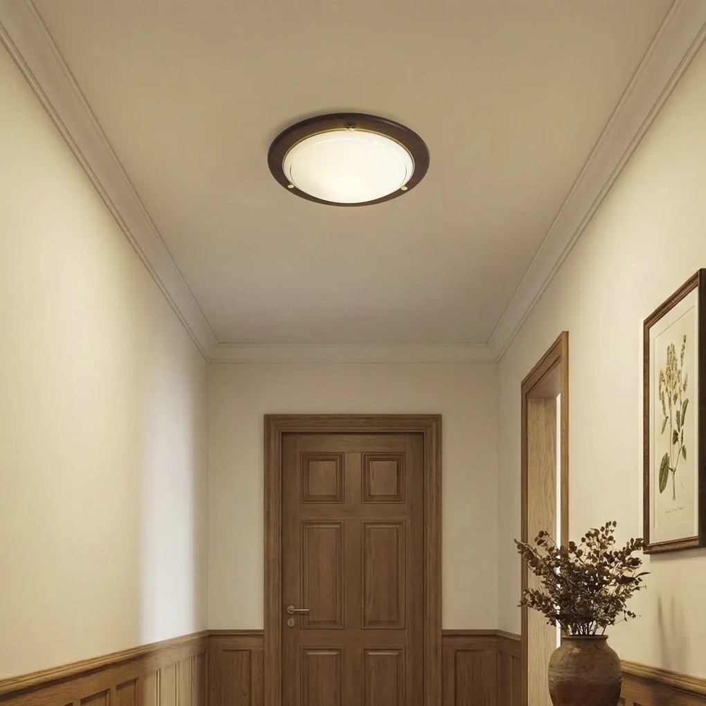 Класическа таванна лампа орехово дърво с бяло стъкло - Mesiac