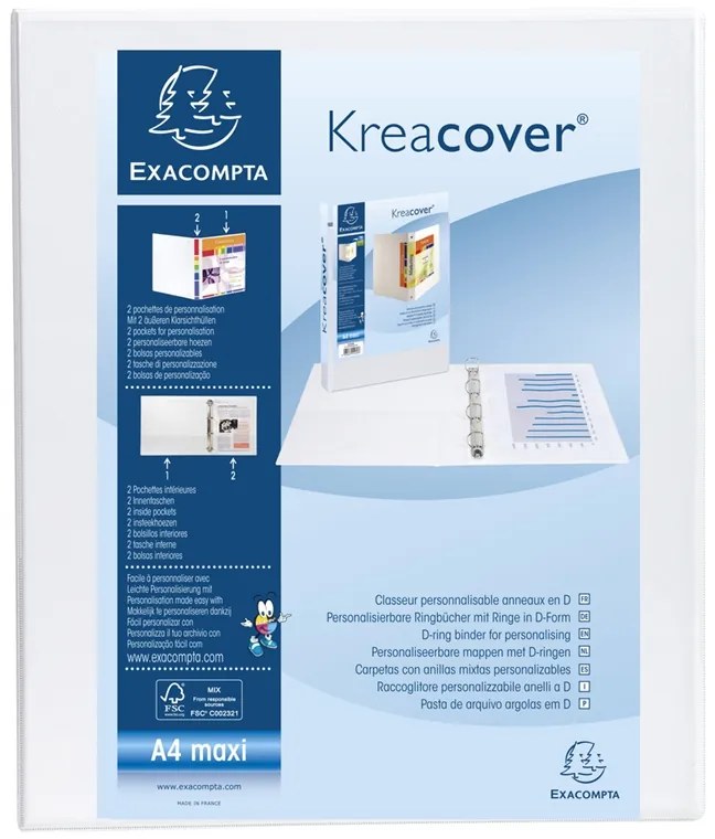 Exacompta Папка Kreacover, А4, с 4 ринга, 3 джоба, PP, 47 mm, бяла