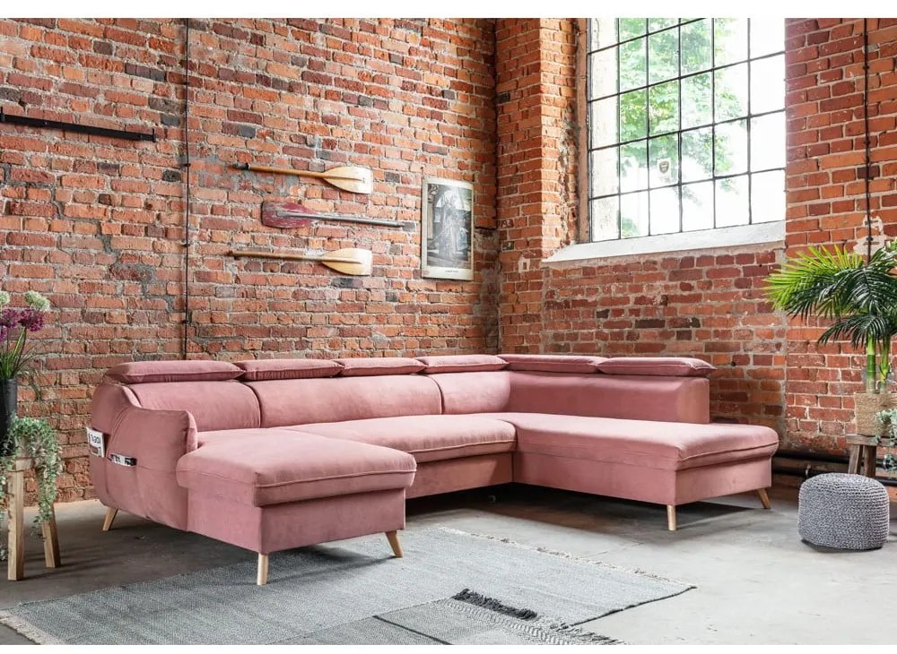 Светлорозов кадифен U-образен ъглов разтегателен диван (десен ъгъл) Sweet Harmony - Miuform