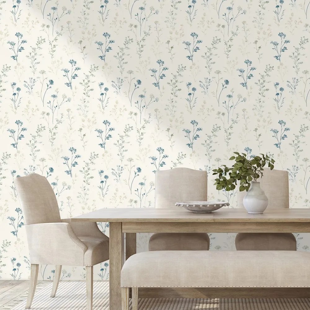 Фототапет – Нежни сини цветчета на бежово