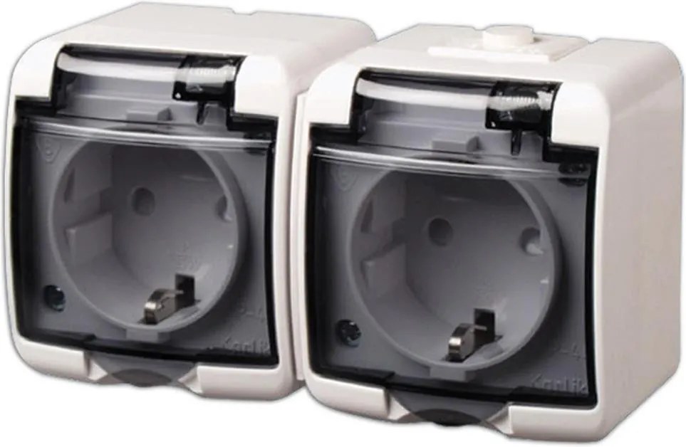 GAO Контакт шуко двоен открит монтаж IP44 с ПРОЗРАЧЕН капак серия Karlik  - 22121H