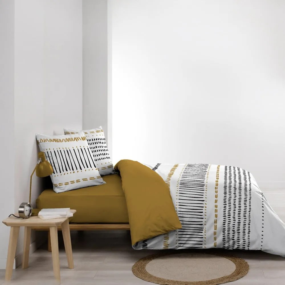 Двойно удължено памучно спално бельо в цвят горчица/бяло 240x220 cm Chicago – douceur d'intérieur