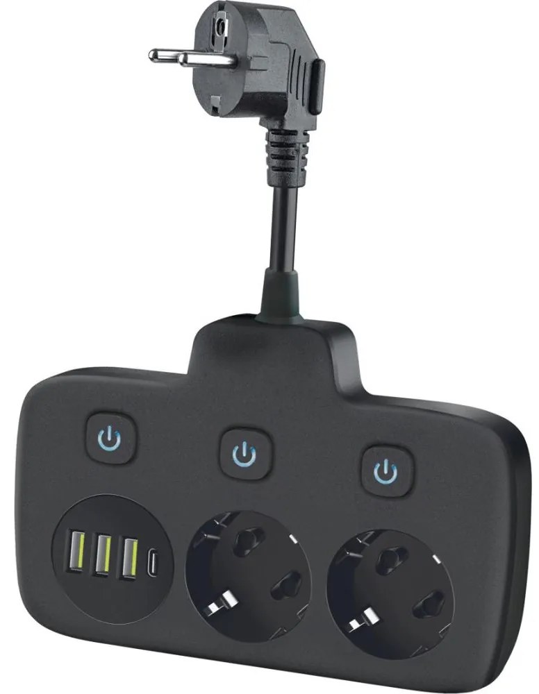 Разклонител с ключ LINEA 2x230V + 4xUSB A/C SCHUKO черен