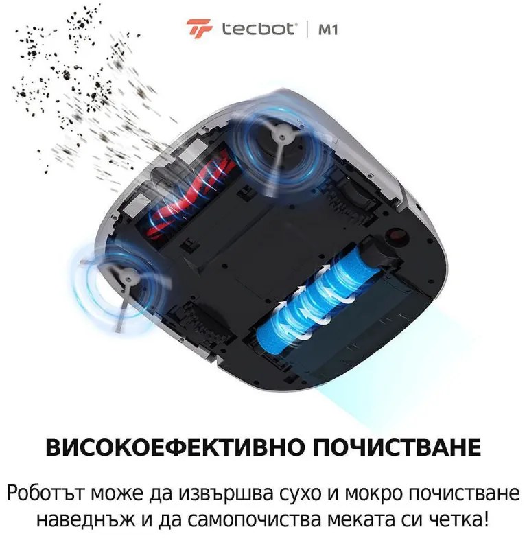 Прахосмукачка робот Tecbot M1, Li-ion 5200 mAh, 4000 Pa, 0.5 l, HEPA, Wi-Fi, Автономност до 160 мин, Подомиячка със самопочистващ моп, Черен