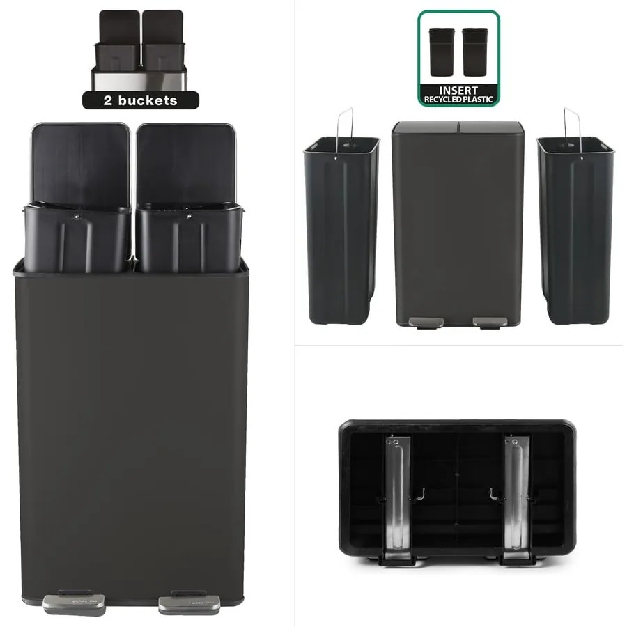 Матово черно стоманено кошче за боклук 2x30 l за рециклиране с педал Aliya – Spirella