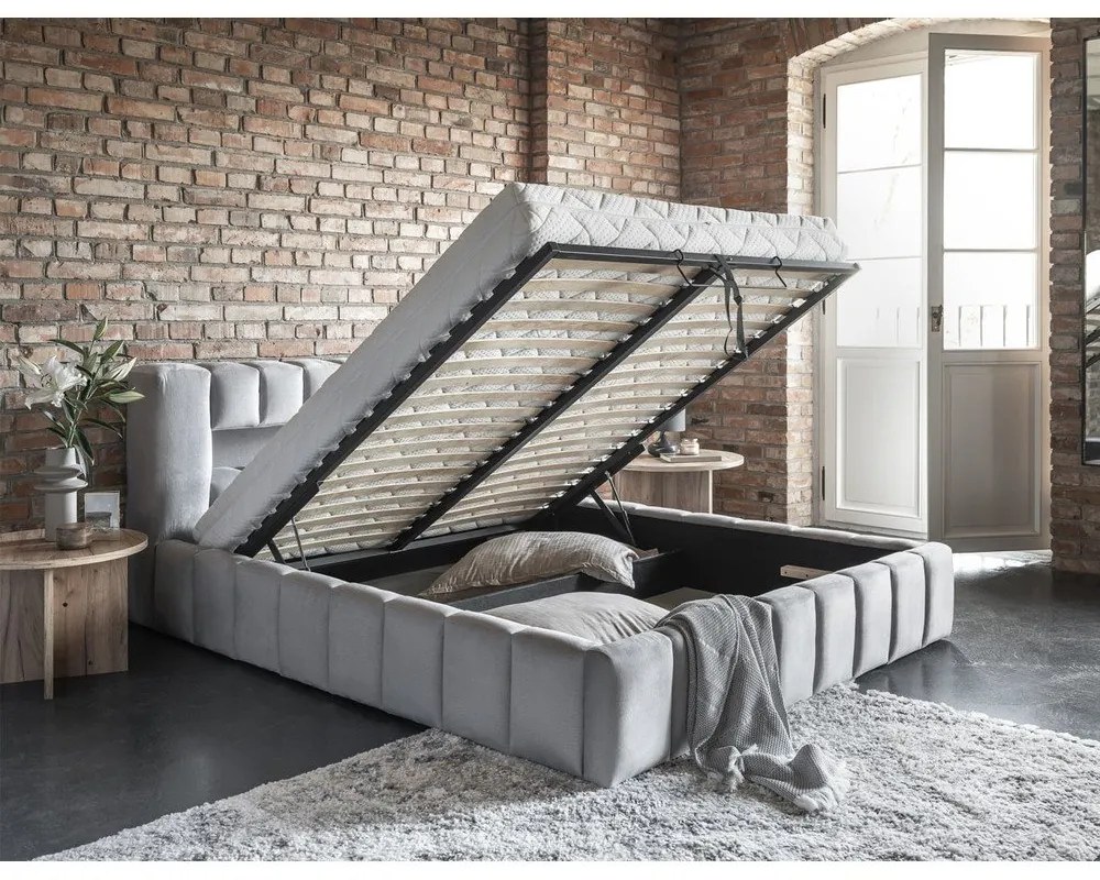 Светлосиво двойно легло 140x200 cm тапицирано с място за съхранение с включена подматрачна рамка Lamica – ELTAP