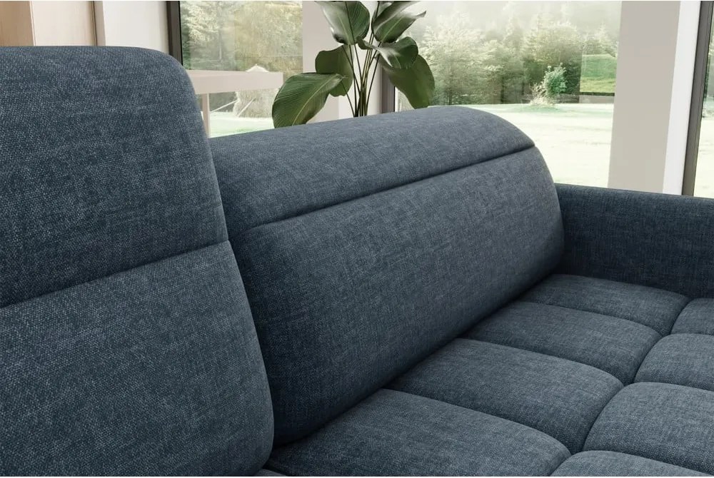 Син кадифен разтегателен ъглов диван с място за съхранение (ляв ъгъл L форма) Barea – ELTAP