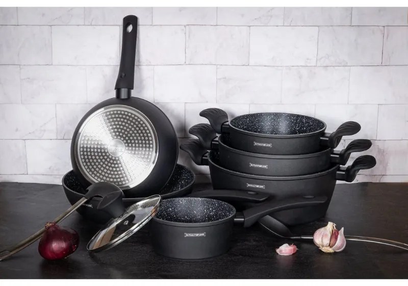 Комплект тенджери и тигани Royalty Line FD10, 10 части, Лят алуминий, Greblon мраморно покритие, Индукция, Черен