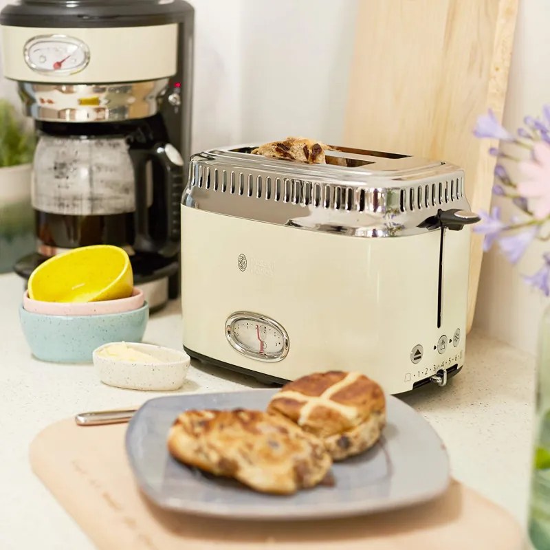 Тостер за хляб Russel Hobbs Retro Vintage Cream 21682-56, 1300W, 2 филийки, 6 нива, Ретро индикаторна скала, Lift & Look, Бързо препичане, Кремав/инокс