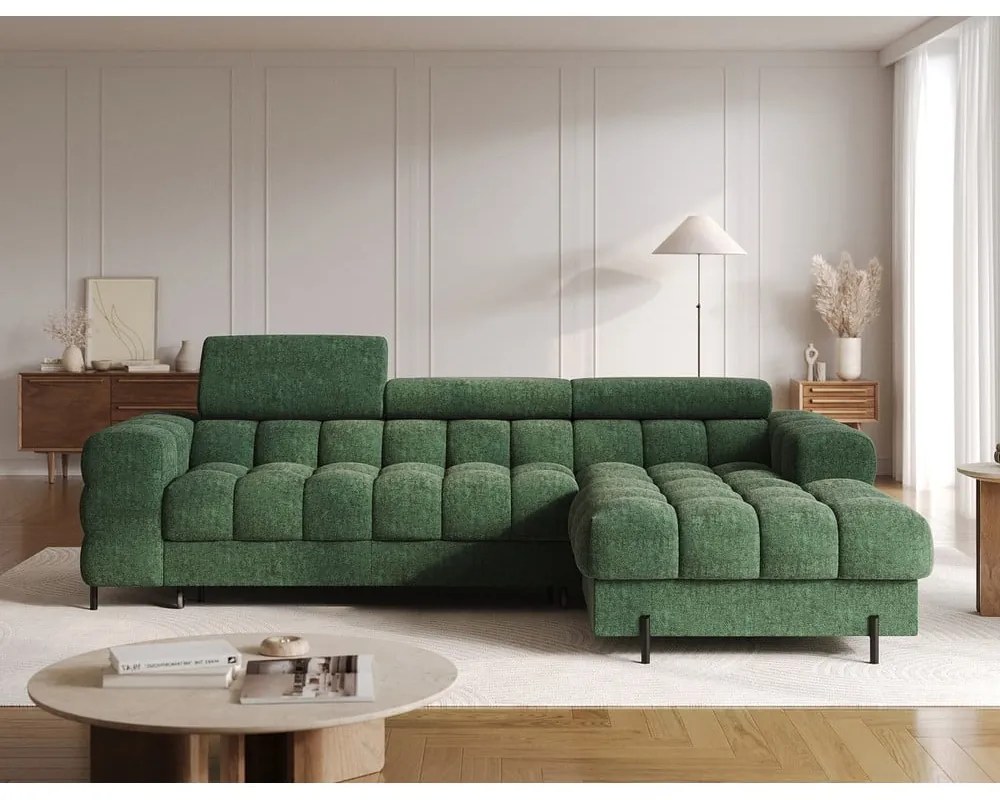 Зелен сгъваем/с място за съхранение ъглов диван от прежда с примки от букле (десен ъгъл) Felro – ELTAP