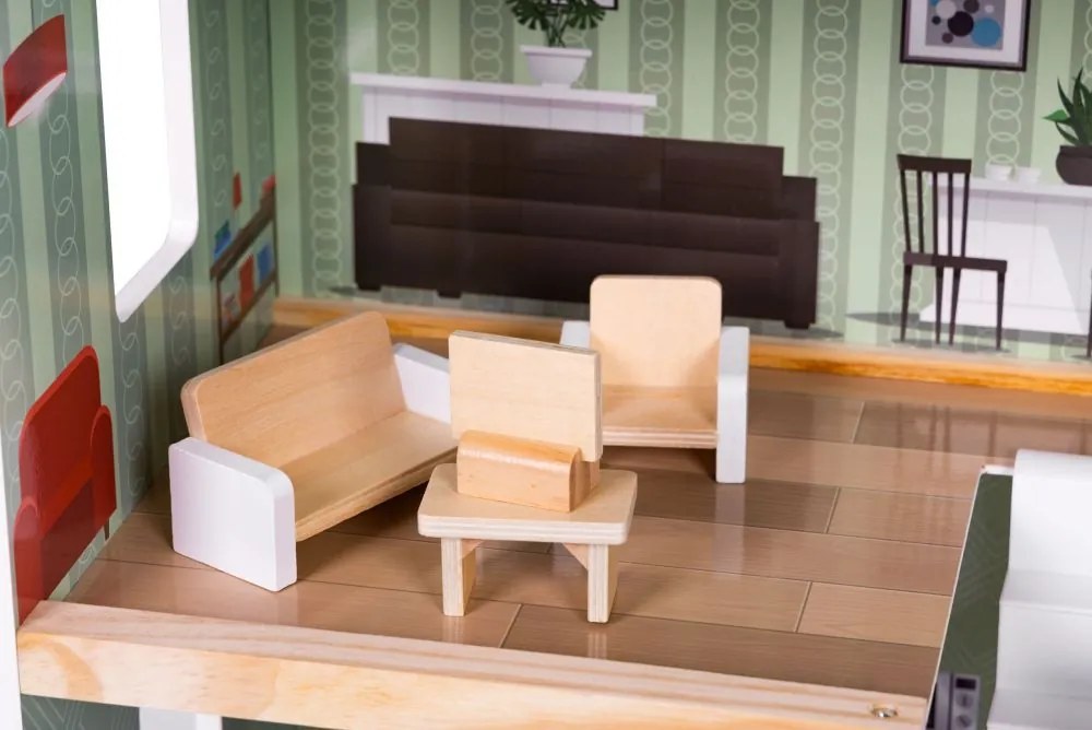 Многоетажна дървена къща за кукли с мебели