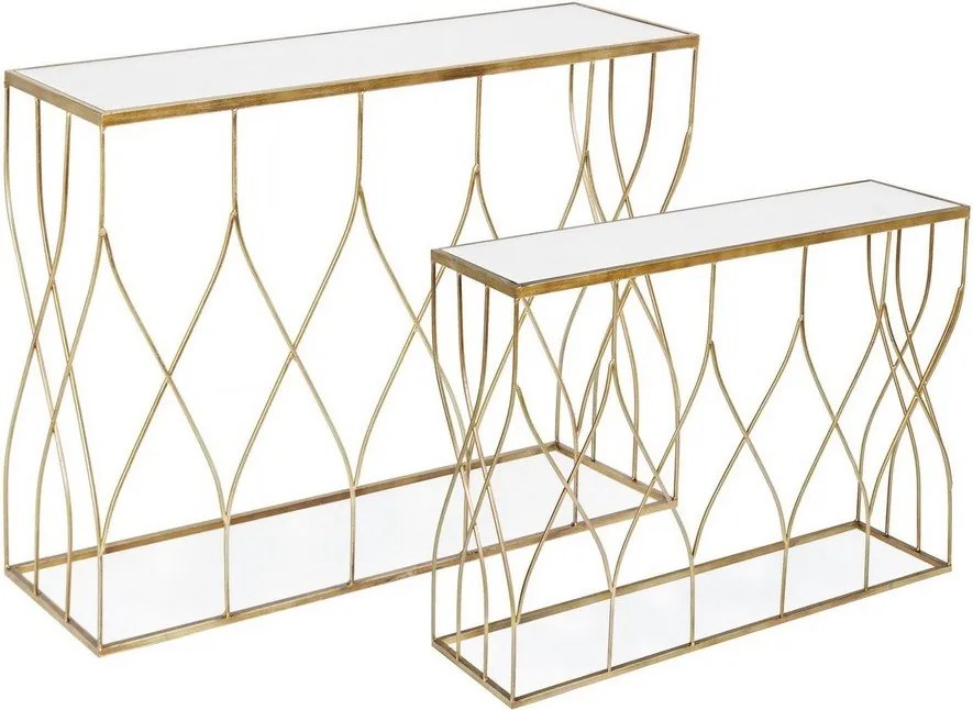 Конзолни маси в комплект 2 бр. със стъклен плот в златист цвят 33x104 cm Elenor – Bizzotto