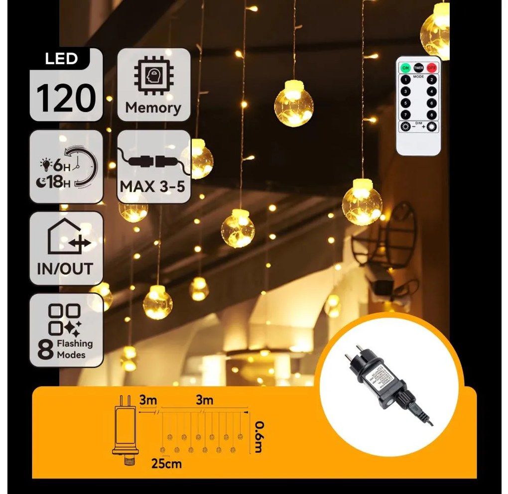 Aigostar - LED външен коледен гирлянд 120xLED/6W/230V/8 функции 3x0,6m IP44 топла бяла+ДУ
