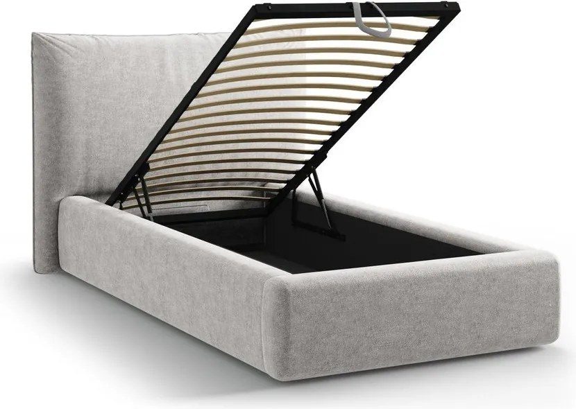 Светлосиво единично легло 90x200 cm тапицирано с място за съхранение с включена подматрачна рамка Kaelle – Micadoni