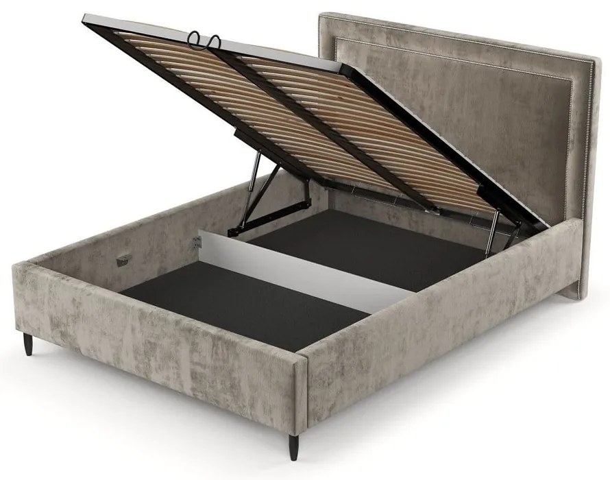 Бежово тапицирано двойно легло с място за съхранение с включена подматрачна рамка 180x200 cm Baleine – Maison de Rêve