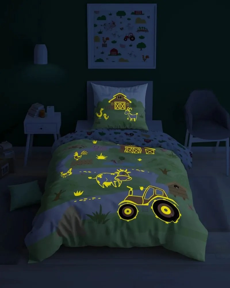 Детско памучно спално бельо, светещо в тъмното - Животни във фермата Ширина: 140 см | Дължина: 200 см