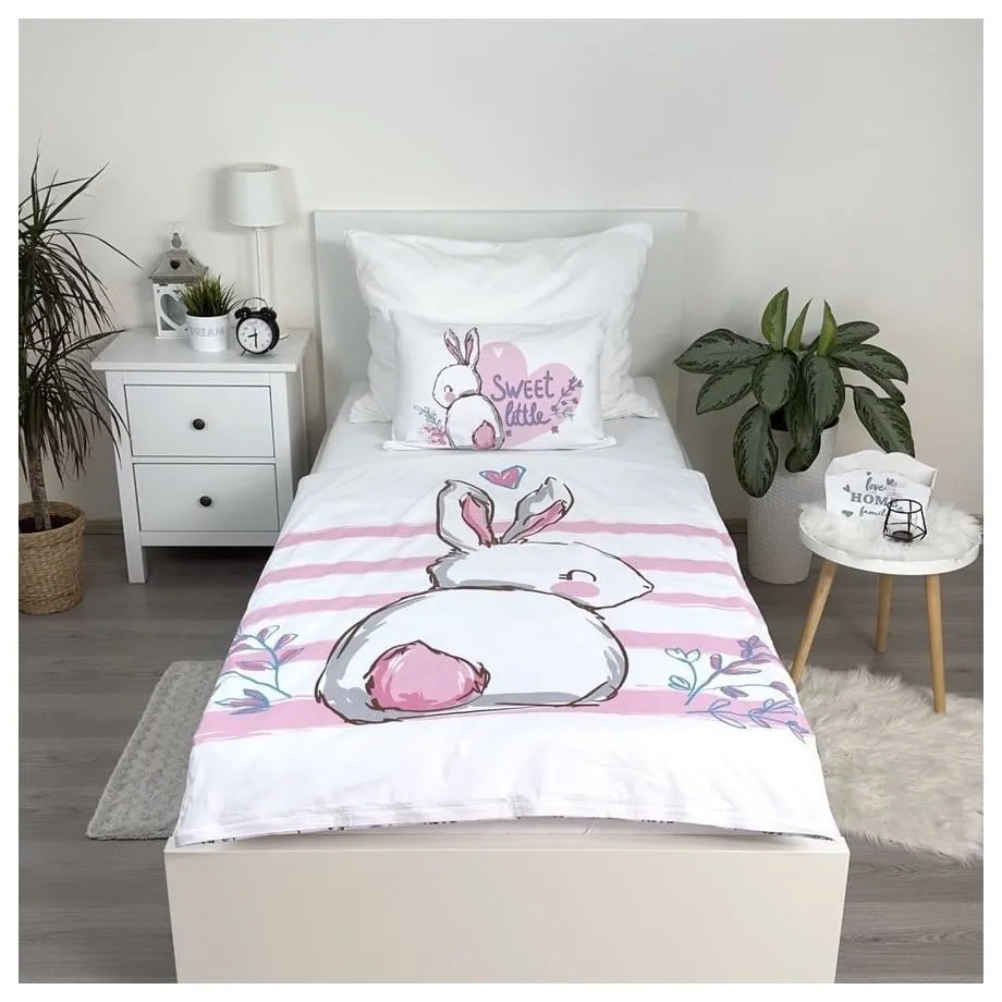 Бяло-розово памучно детско спално бельо 100x135 cm Bunny "Sweet" – Jerry Fabrics