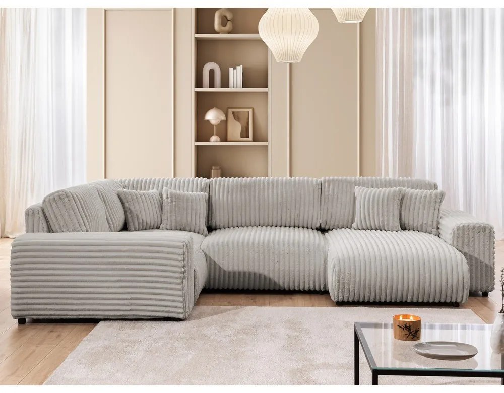 Светлосив ъглов диван от рипсено кадифе (ляв ъгъл/U форма) Justin – Ropez