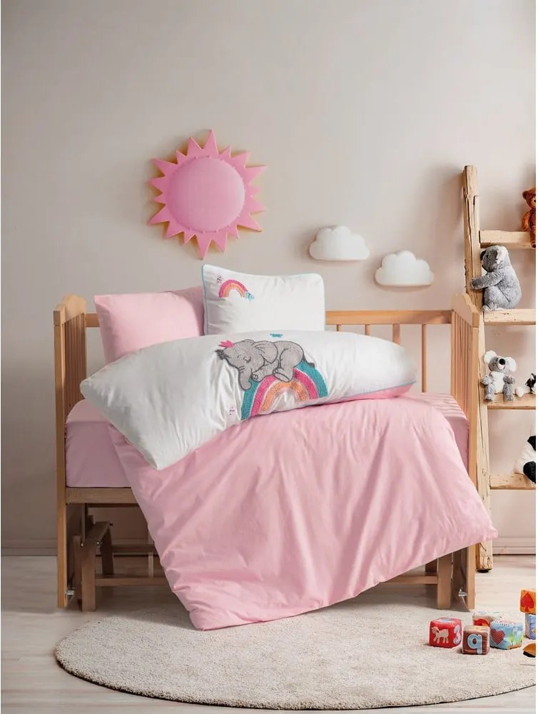 Бяло-розово памучно детско спално бельо с включен долен чаршаф, 4 части 100x150 cm Lucky – Mijolnir