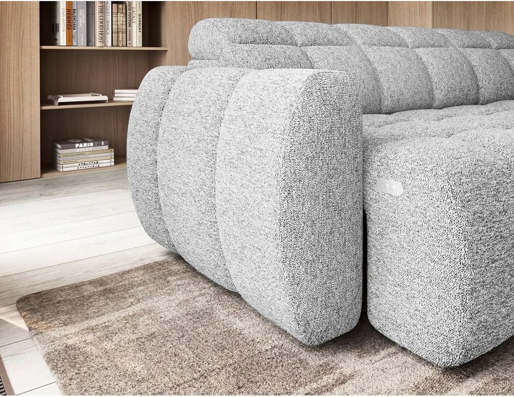 Светлосив разтегателен ъглов диван с място за съхранение от букле (десен ъгъл L форма) Falconn – ELTAP