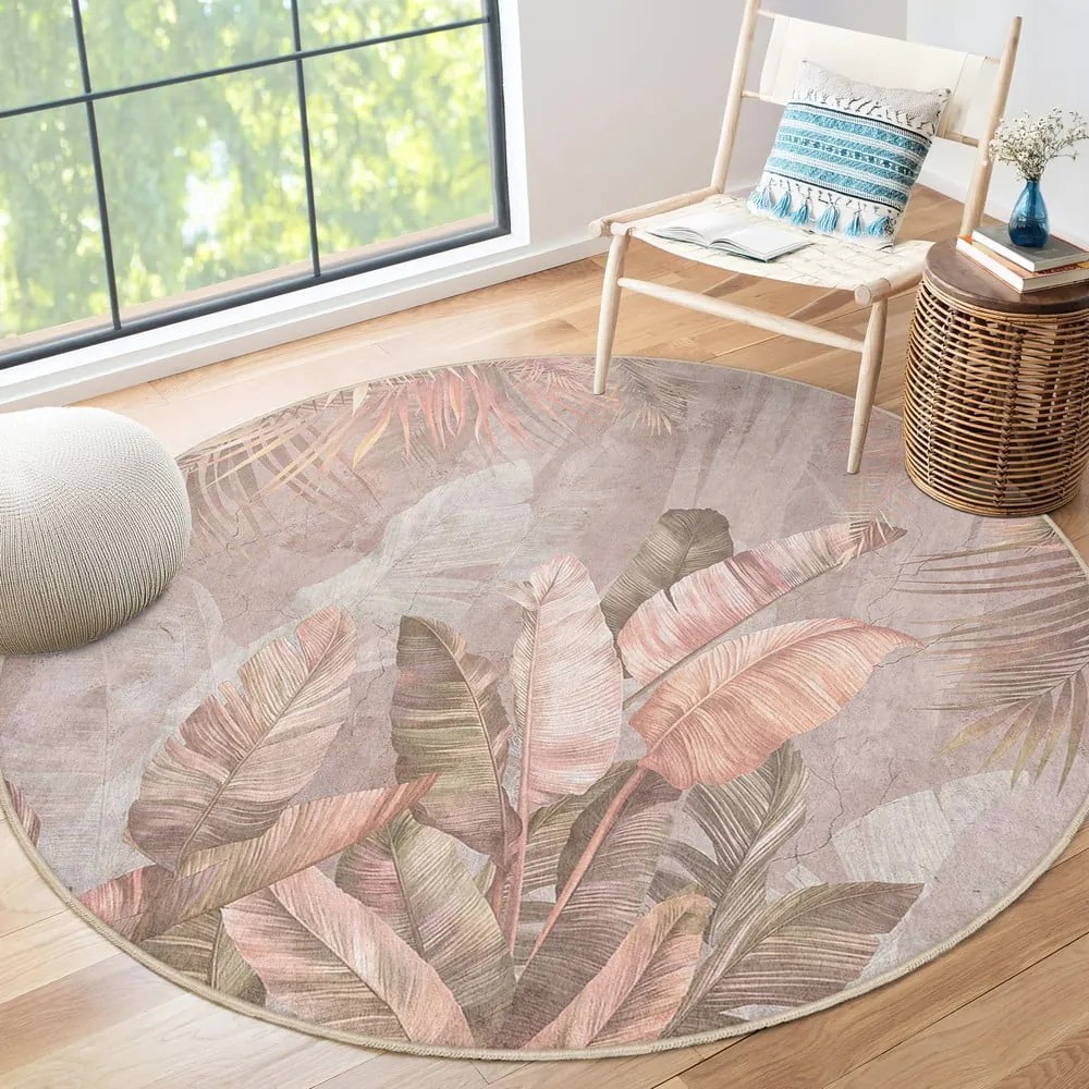 Светлорозов кръгъл килим подходящ за пране ø 100 cm Dusty Leaves – Mila Home
