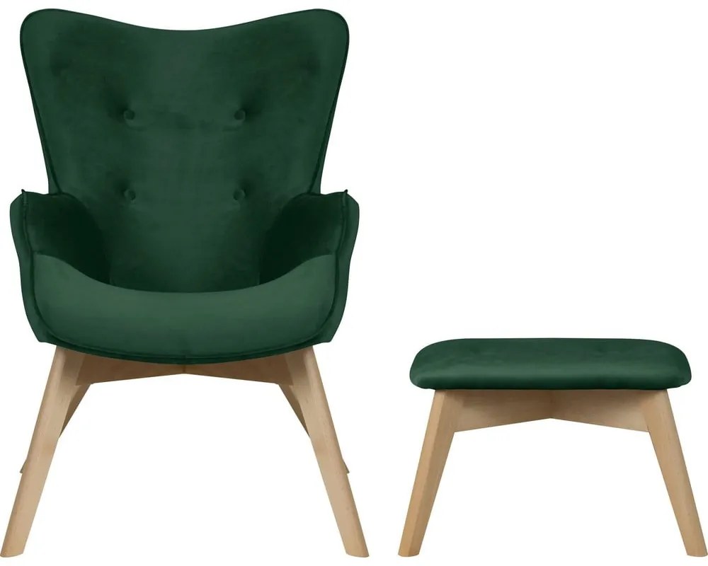 Тъмнозелен кадифен фотьойл с табуретка Niko – Ropez