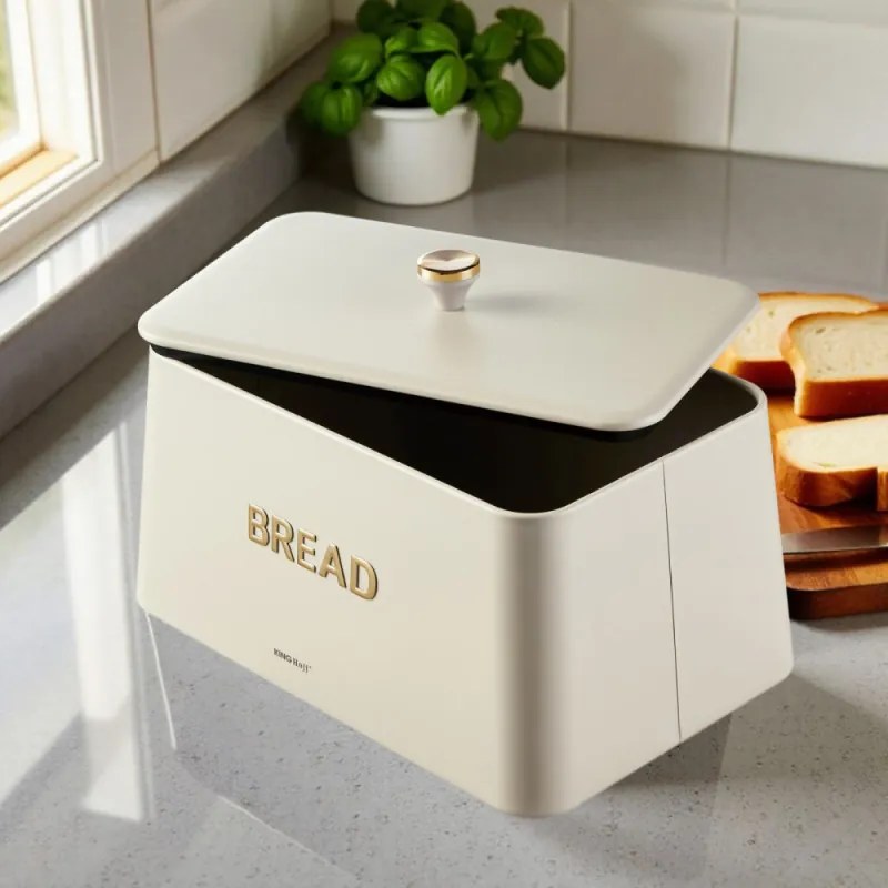 Кутия за хляб Kinghoff KH 1950, 35 см, Метално тяло, Бамбуков капак, Бежов/златист