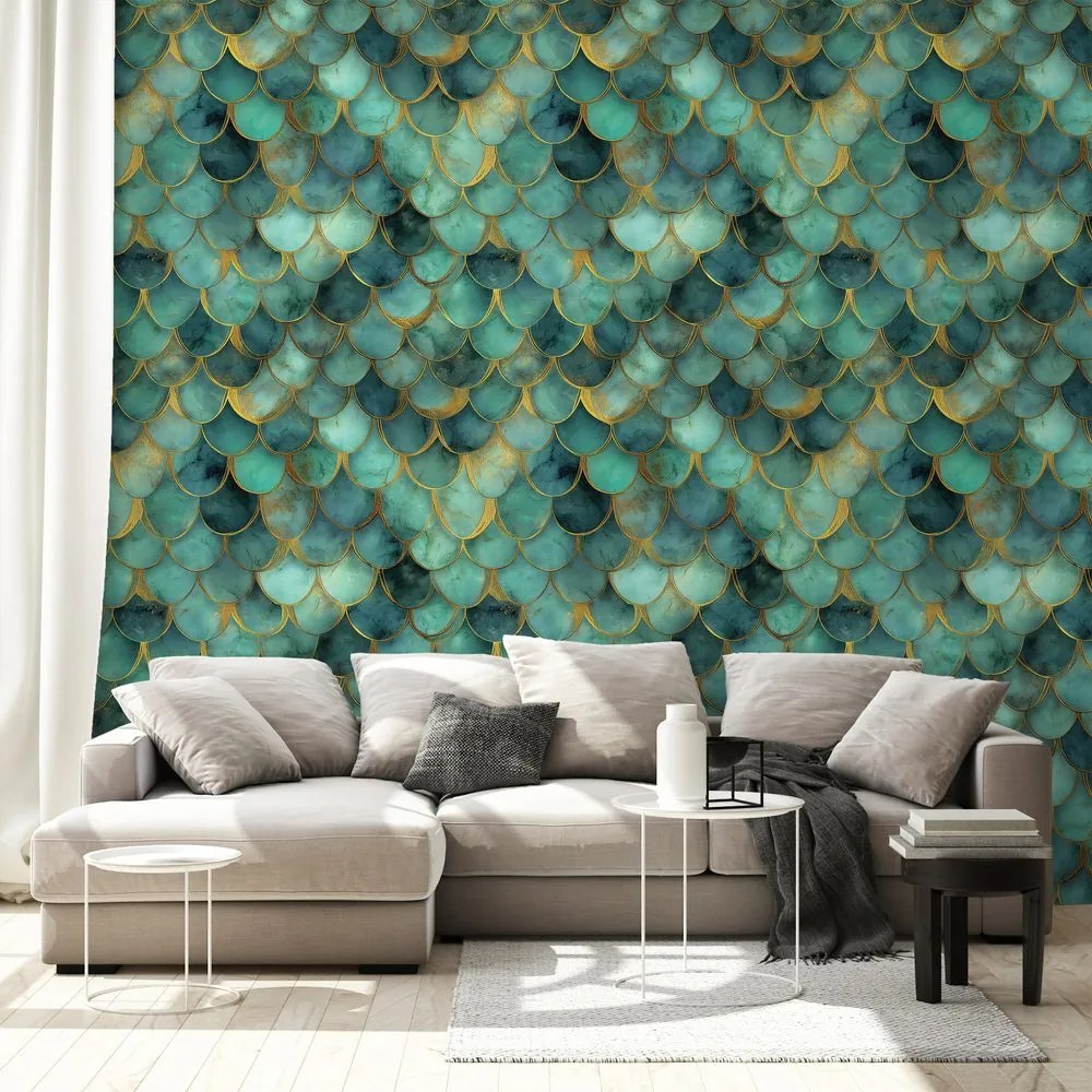 Самозалепващ тапет – Зелени морски люспи със златен оттенък