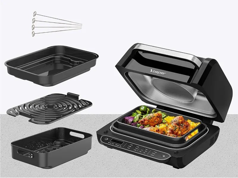 Разопакован: Мултифункционална скара/барбекю 8в1 Beper P101FRI080, 1700W, 8 функции, 3.8 L, 230 C, Черен
