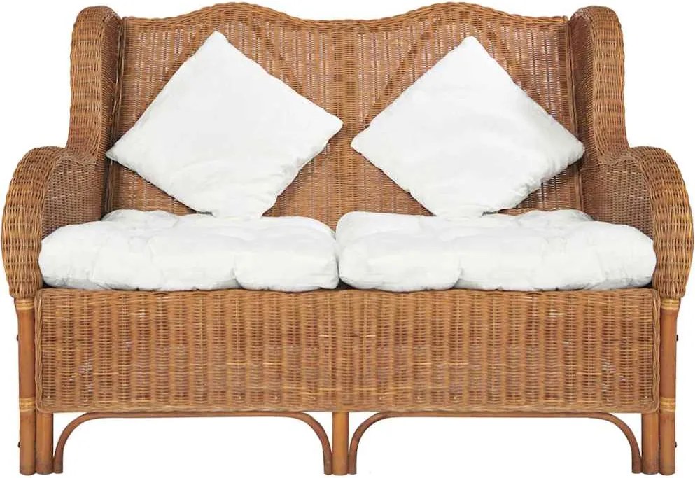 325468 vidaXL 2-местен диван, светлокафяв, естествен ратан и лен