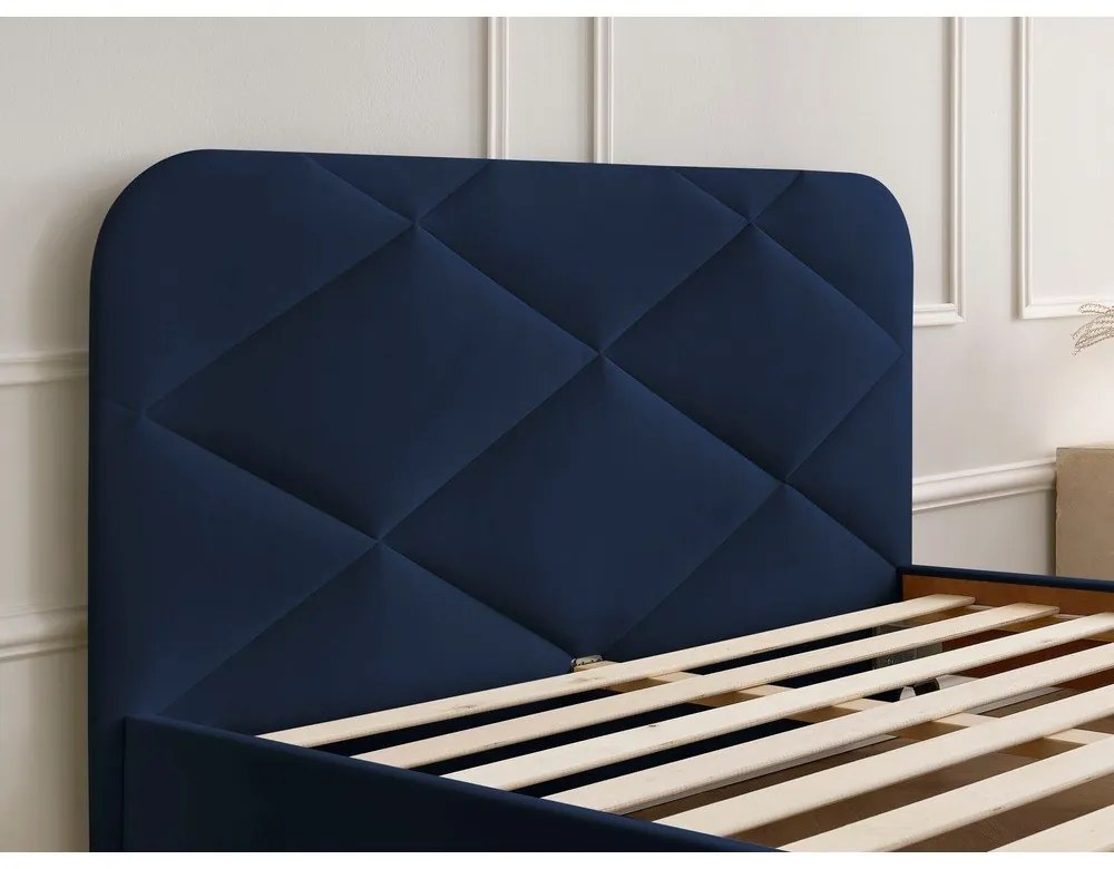 Тъмносиньо тапицирано двойно легло с включена подматрачна рамка 140x190 cm Prune – Bobochic Paris