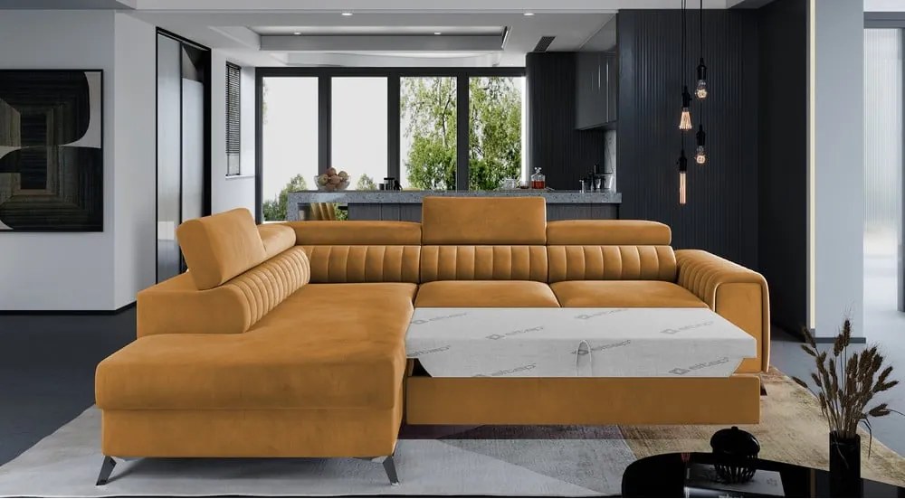 Жълт кадифен разтегателен ъглов диван с място за съхранение (ляв ъгъл L форма) Laurence – ELTAP