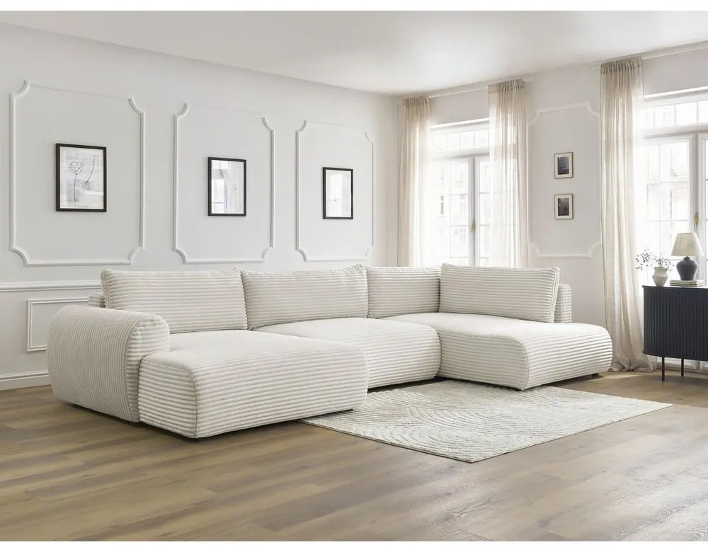 Кремав сгъваем/с място за съхранение ъглов диван от рипсено кадифе (десен ъгъл/U форма) Lucien – Bobochic Paris