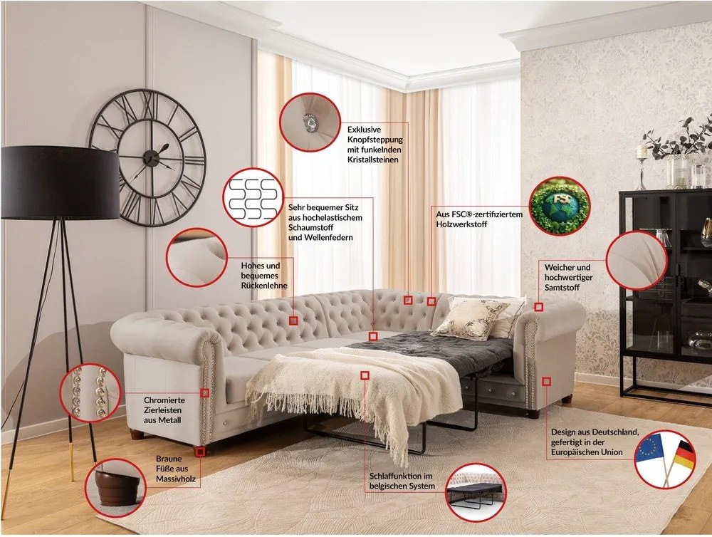 Бежов кадифен разтегателен ъглов диван (десен ъгъл L форма) York Blik – Ropez