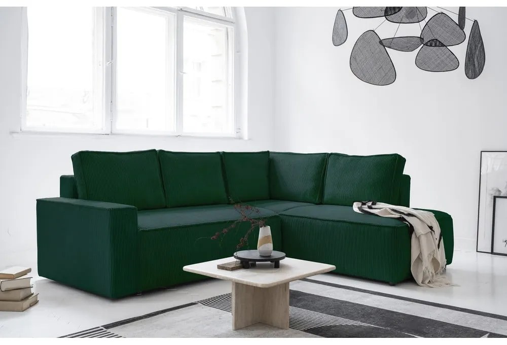 Тъмнозелен разтегателен ъглов диван от рипсено кадифе (десен ъгъл) Brave Dave – Miuform