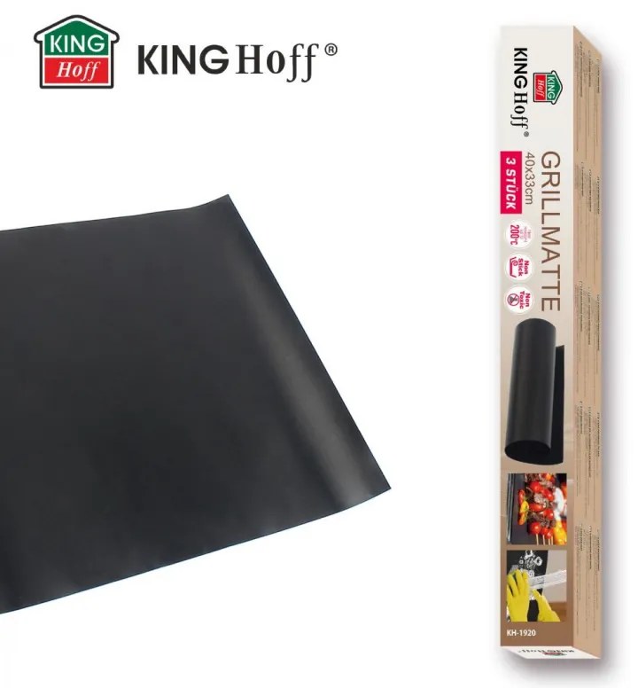 Комплект 3 бр подложки за печене Kinghoff KH 1920, За барбекю/скара, PTFE незалепващо покритие, 40х33 см, Устойчива до 200C, Черен