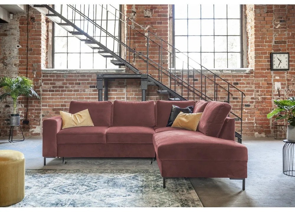 Розов кадифен разтегателен ъглов диван (десен ъгъл) Lofty Lilly – Miuform