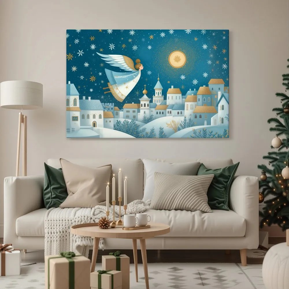 Картина на платно Коледна – Ангел над зимното село