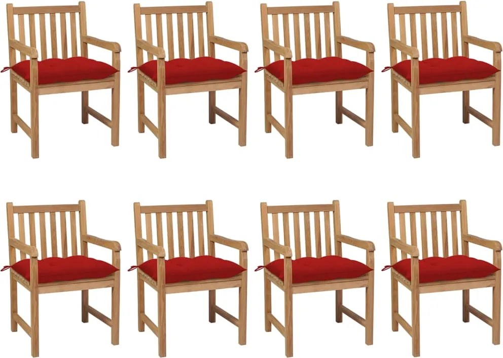 3073079 vidaXL Градински столове, 8 бр, с червени възглавници, тик масив